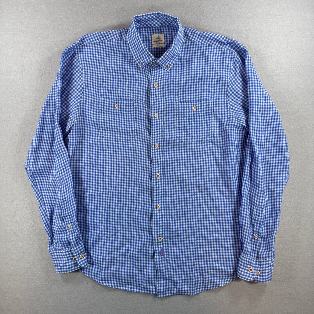 Johnnie-O Button Down Shirt Mens Large Blue Gingham Linen Long Sleeve Hangin Out